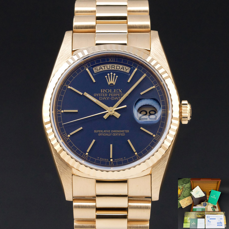 Rolex Day Date President, 18238, 36mm, 1991, Yellow gold, Blue dial, Fullset, Official warranty