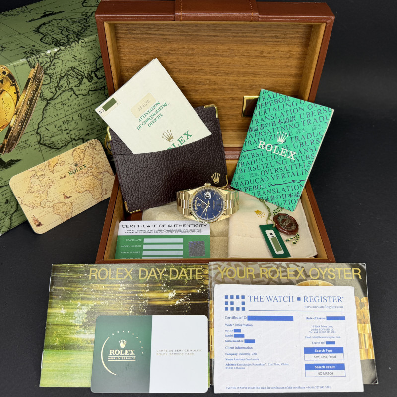 Rolex Day Date President, 18238, 36mm, 1991, Yellow gold, Blue dial, Fullset, Official warranty