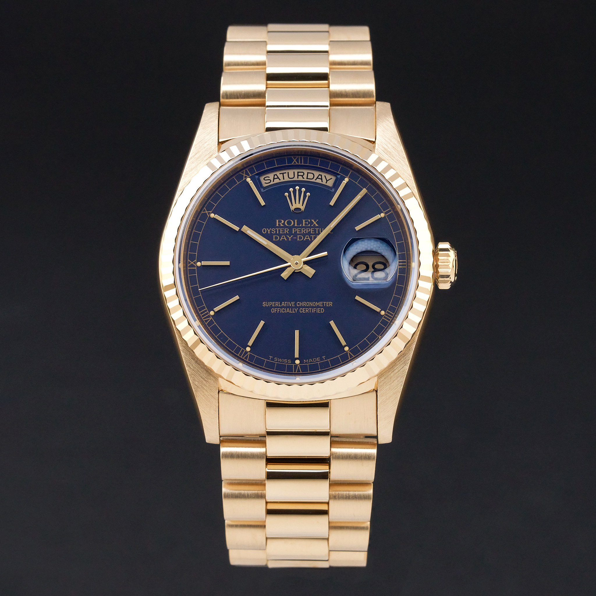 Rolex Day Date President, 18238, 36mm, 1991, Yellow gold, Blue dial, Fullset, Official warranty