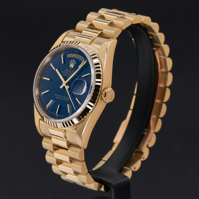 Rolex Day Date President, 18238, 36mm, 1991, Yellow gold, Blue dial, Fullset, Official warranty