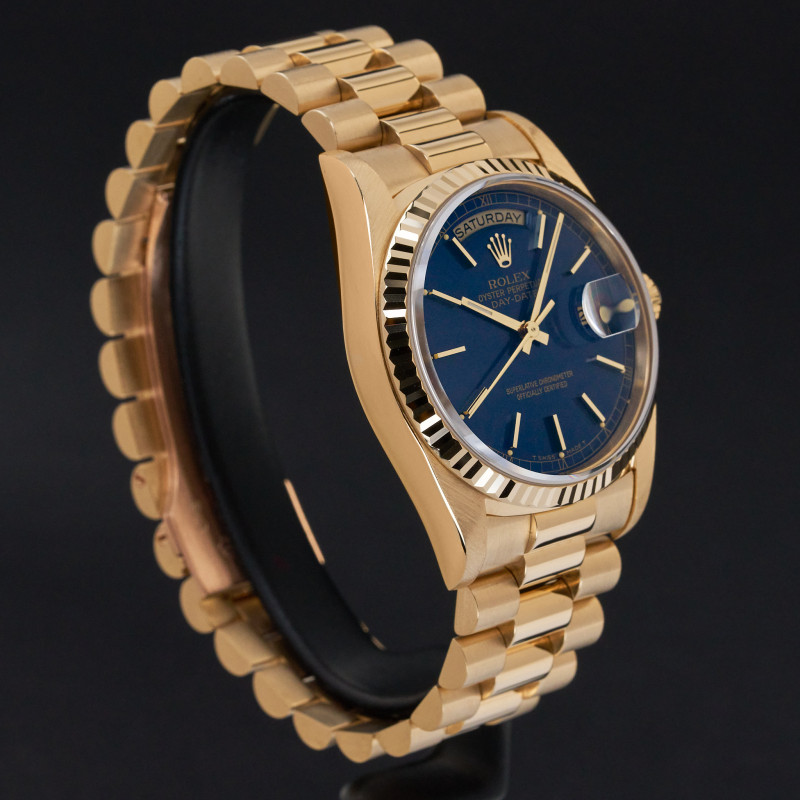 Rolex Day Date President, 18238, 36mm, 1991, Yellow gold, Blue dial, Fullset, Official warranty