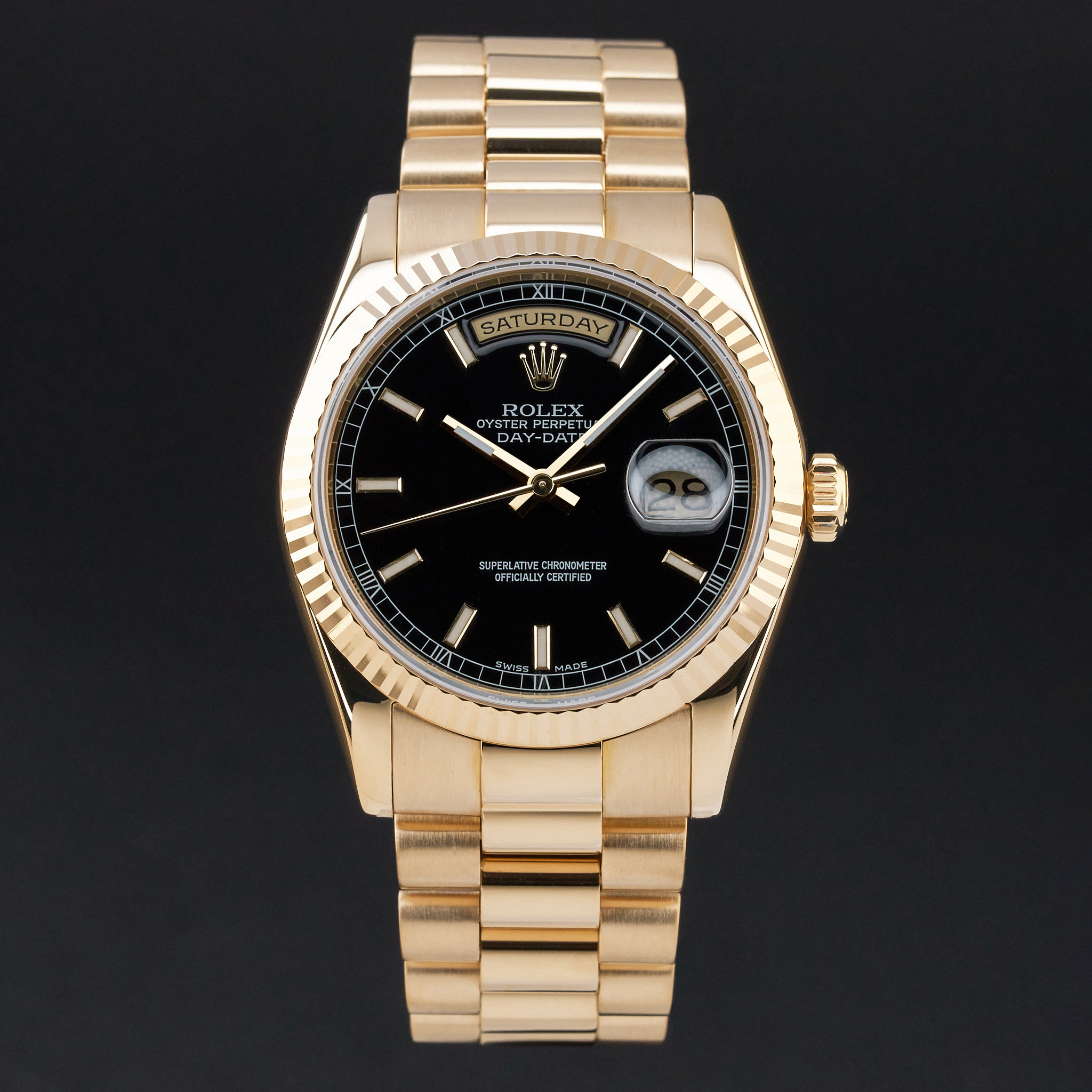 Rolex Day Date President, 118238, 36mm, 2000, Yellow gold, Black dial, Fullset, 1y warranty