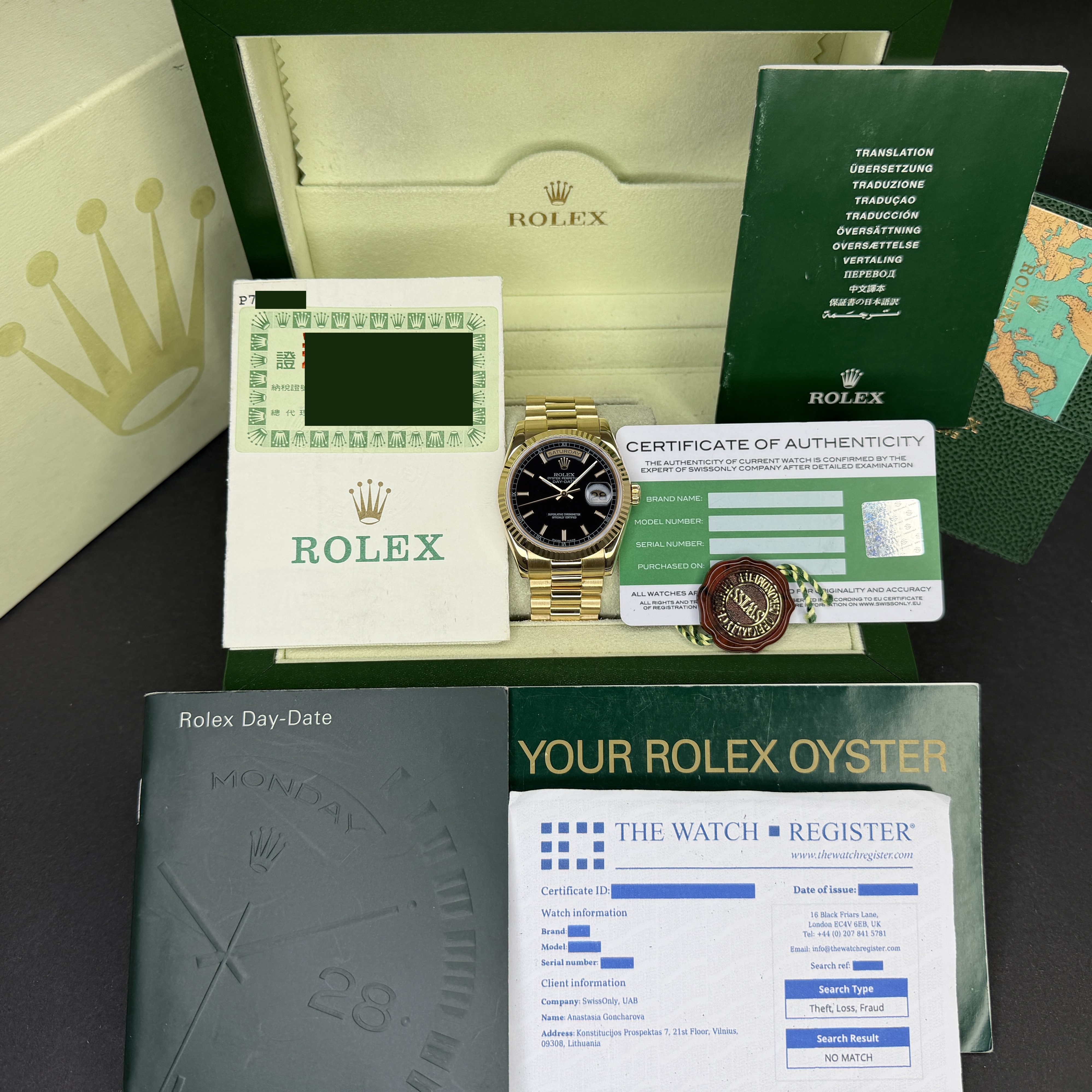Rolex Day Date President, 118238, 36mm, 2000, Yellow gold, Black dial, Fullset, 1y warranty