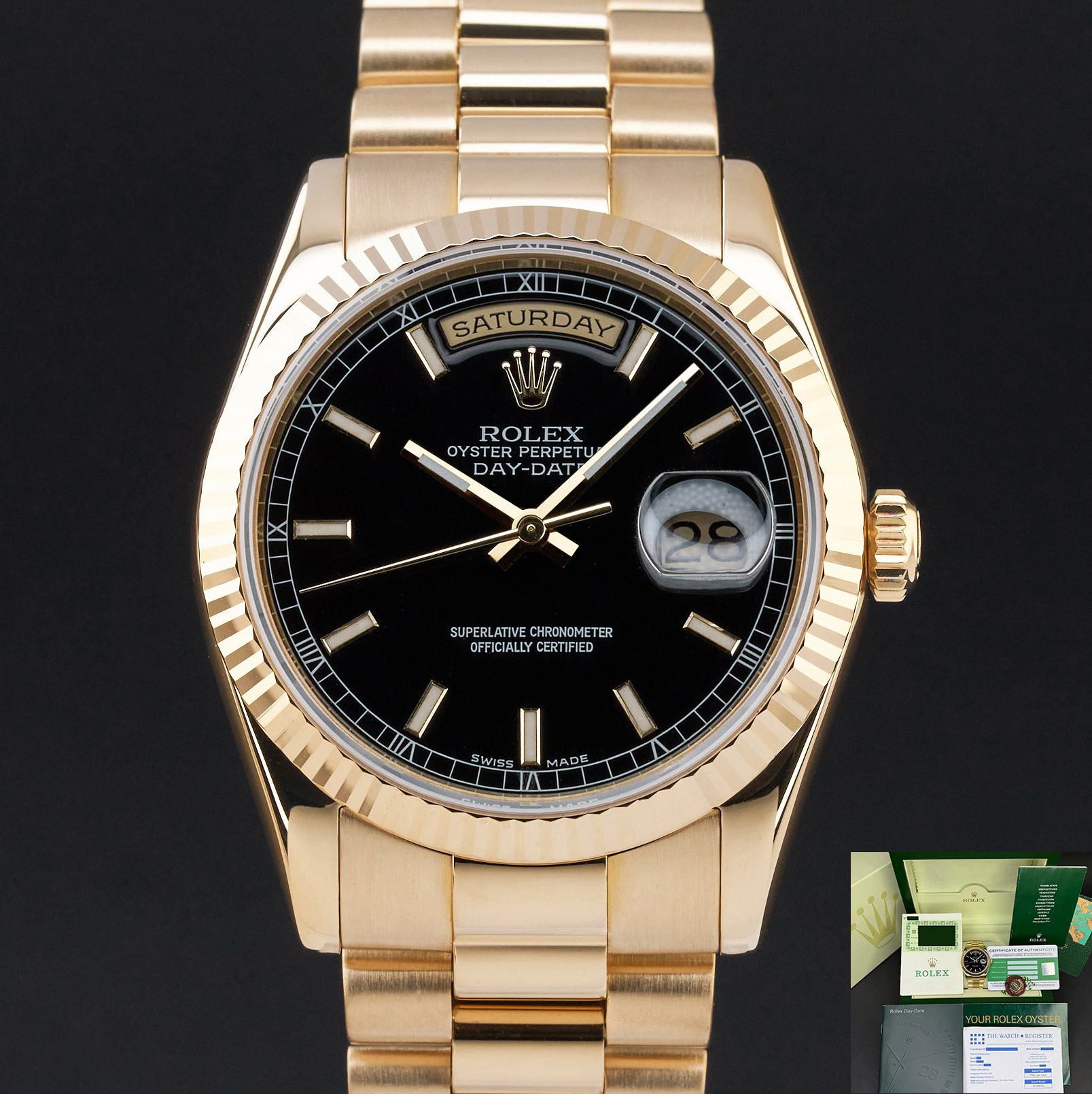 Rolex Day Date President, 118238, 36mm, 2000, Yellow gold, Black dial, Fullset, 1y warranty