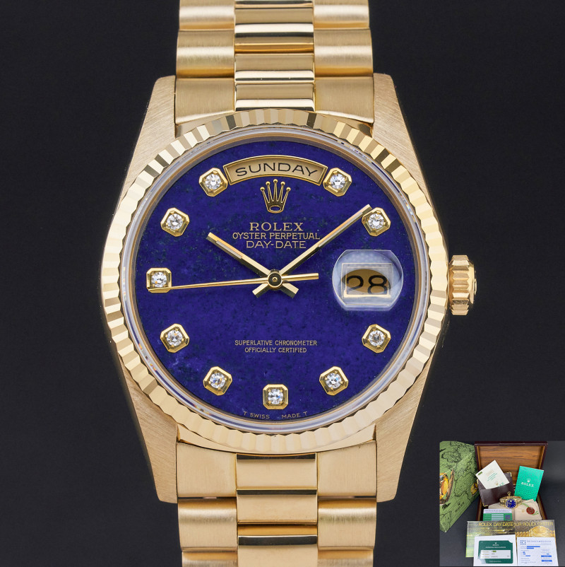 Rolex Day Date President, 18238, 36mm, 1991, Yellow gold, Lapis Lazuli Diamond dial, Fullset, 1y warranty