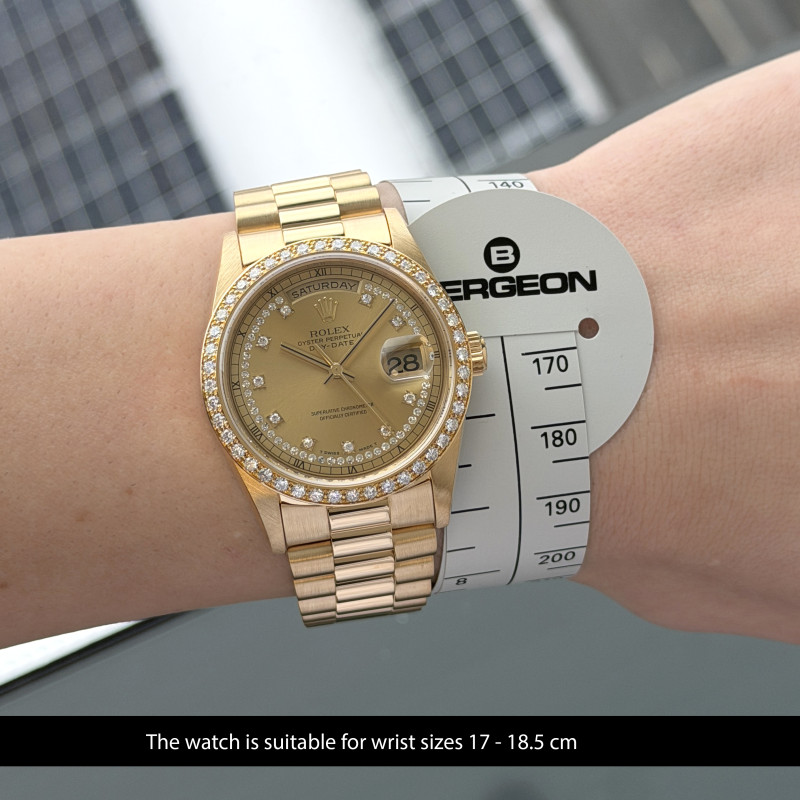 Rolex Day Date President, 18348, 36mm, 1995, Yellow gold, Champagne String Diamond dial, Fullset, 1y warranty