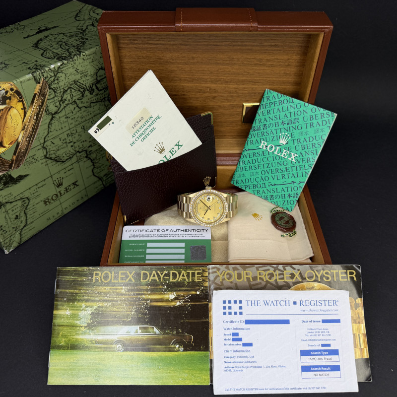 Rolex Day Date President, 18348, 36mm, 1995, Yellow gold, Champagne String Diamond dial, Fullset, 1y warranty