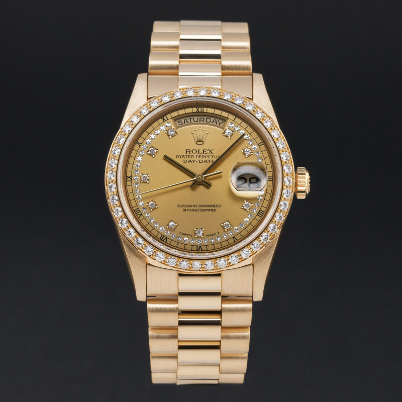 Rolex Day Date President, 18348, 36mm, 1995, Yellow gold, Champagne String Diamond dial, Fullset, 1y warranty