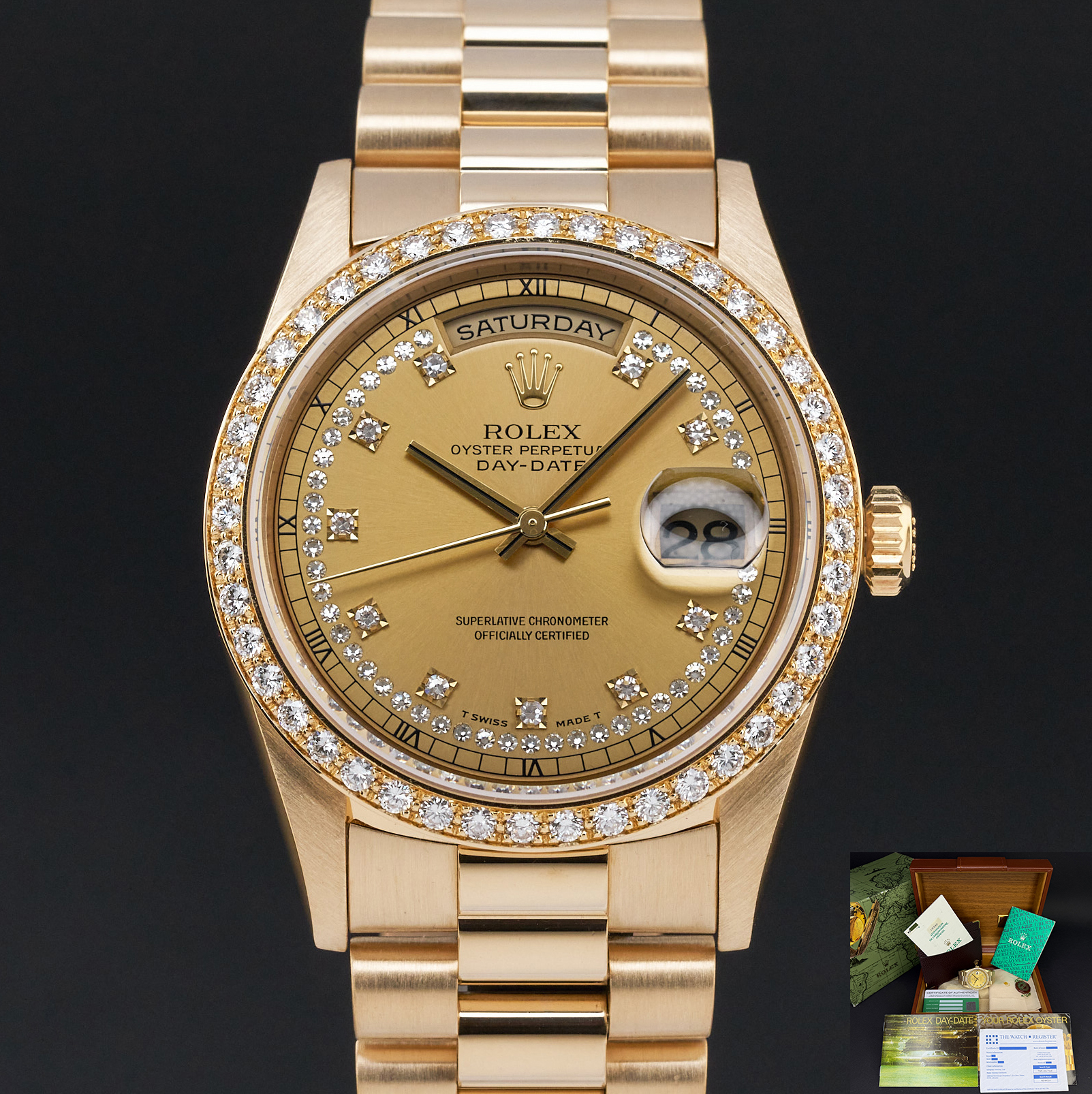 Rolex Day Date President, 18348, 36mm, 1995, Yellow gold, Champagne String Diamond dial, Fullset, 1y warranty
