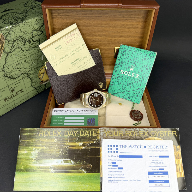 Rolex Day Date President, 18048, 36mm, 1986, Brown Vignette Small Diamond dial, Fullset, 1y warranty