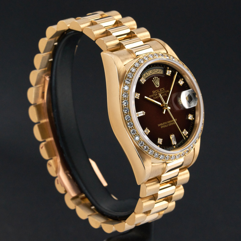 Rolex Day Date President, 18048, 36mm, 1986, Brown Vignette Small Diamond dial, Fullset, 1y warranty