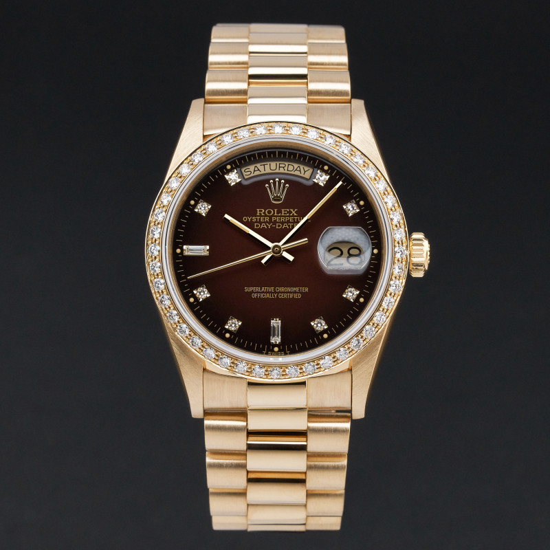 Rolex Day Date President, 18048, 36mm, 1986, Brown Vignette Small Diamond dial, Fullset, 1y warranty