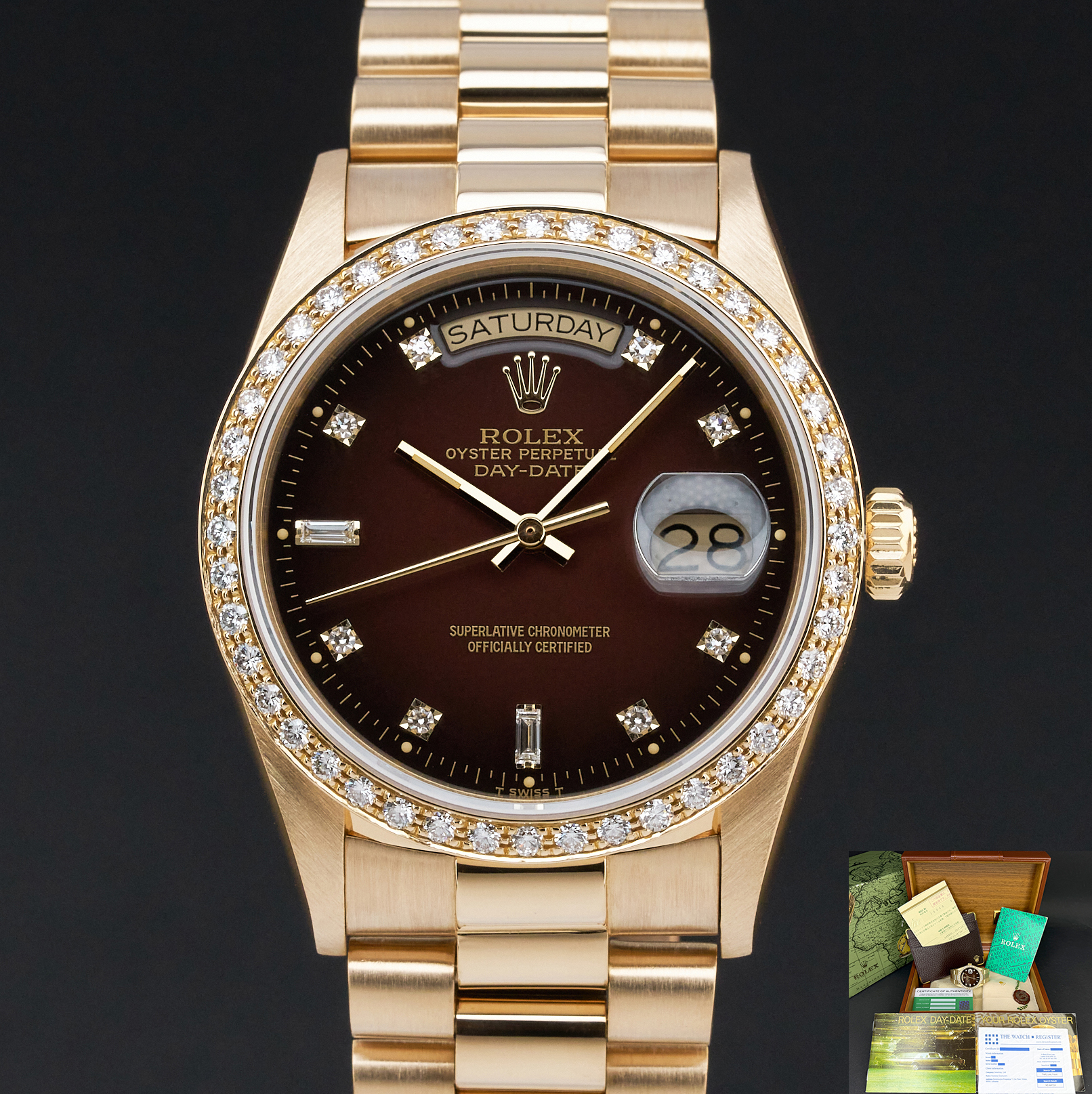 Rolex Day Date President, 18048, 36mm, 1986, Brown Vignette Small Diamond dial, Fullset, 1y warranty