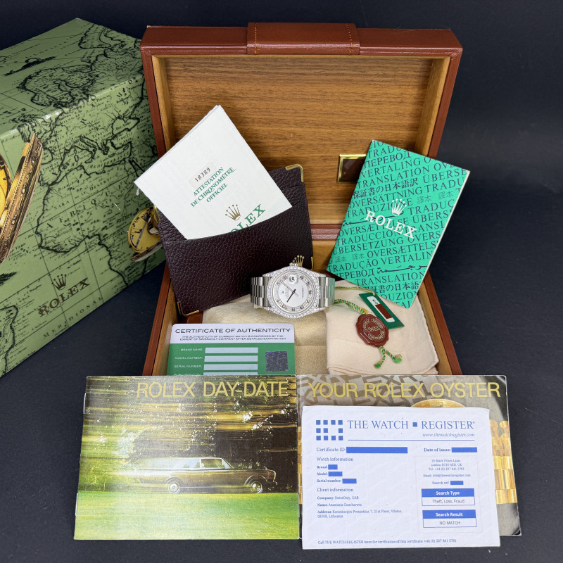 Rolex Day Date President, 18389, 36mm, 1995, White gold, Silver Myriad Diamond Arabic dial, Fullset, 1y warranty