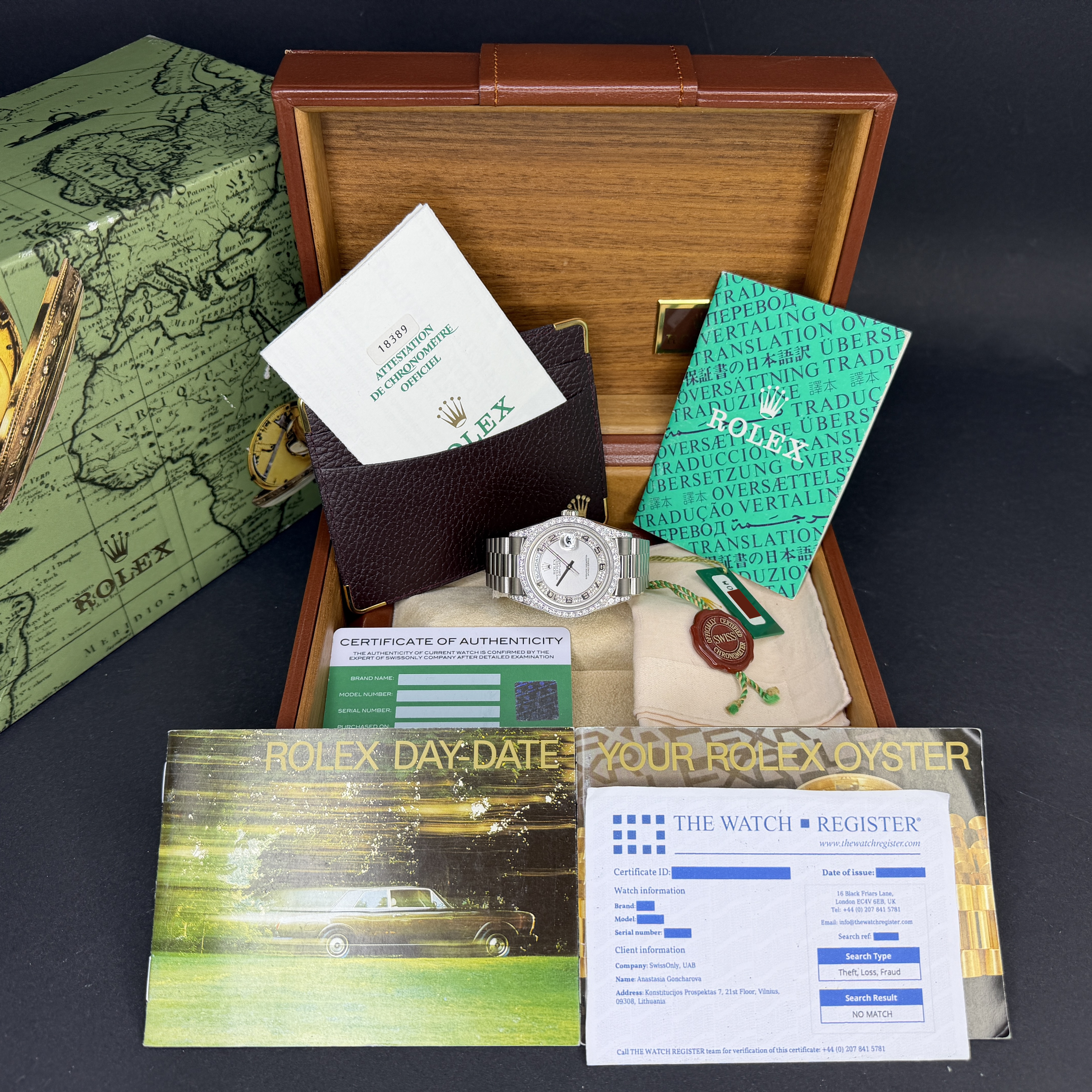 Rolex Day Date President, 18389, 36mm, 1995, White gold, Silver Myriad Diamond Arabic dial, Fullset, 1y warranty