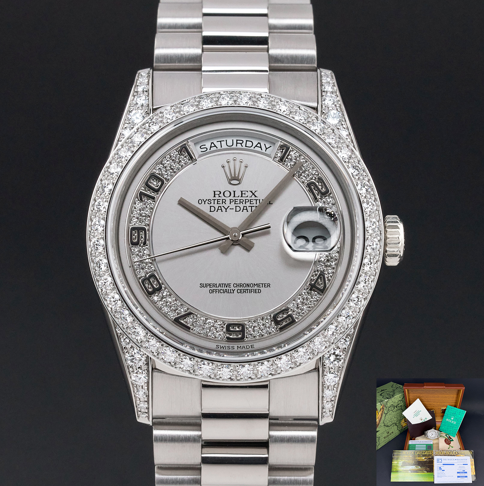 Rolex Day Date President, 18389, 36mm, 1995, White gold, Silver Myriad Diamond Arabic dial, Fullset, 1y warranty