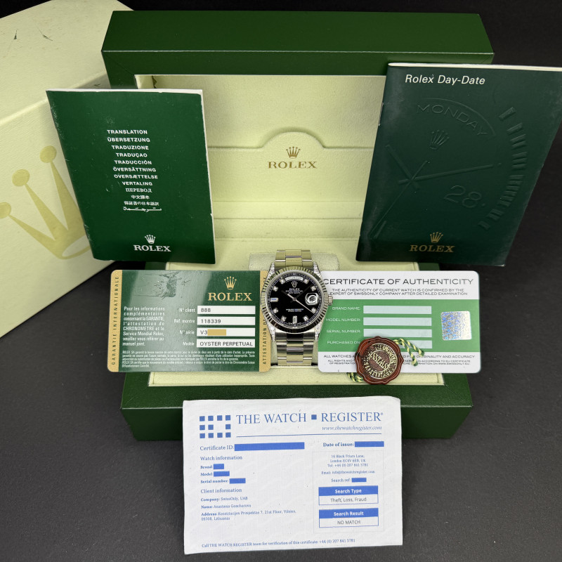 Rolex Day Date, 118339, 36mm, 2009, White gold, Black Diamond dial, Fullset, 1y warranty