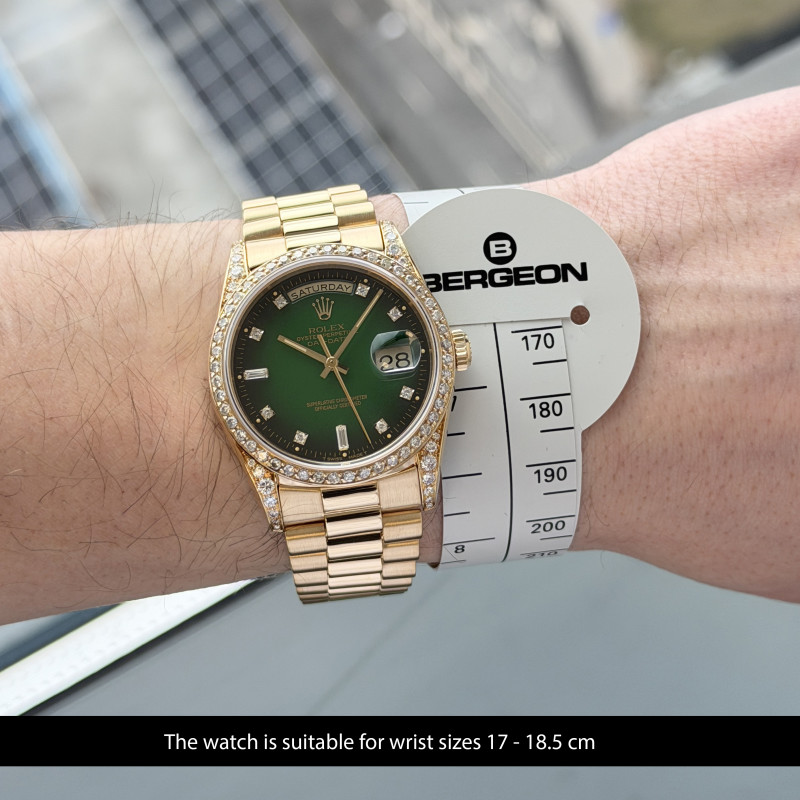 Rolex Day Date, 18338, 36mm, 1991, Yellow gold, Green Vignette Small Diamond dial, Fullset, 1y warranty