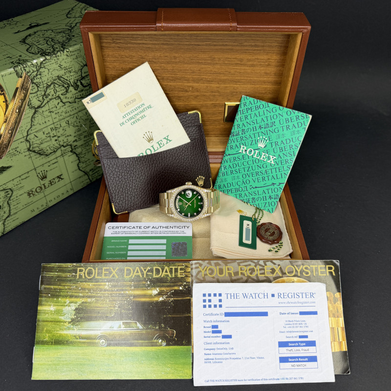 Rolex Day Date, 18338, 36mm, 1991, Yellow gold, Green Vignette Small Diamond dial, Fullset, 1y warranty
