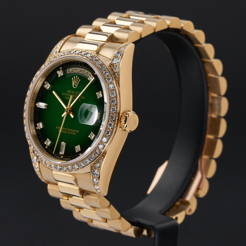 Rolex Day Date, 18338, 36mm, 1991, Yellow gold, Green Vignette Small Diamond dial, Fullset, 1y warranty
