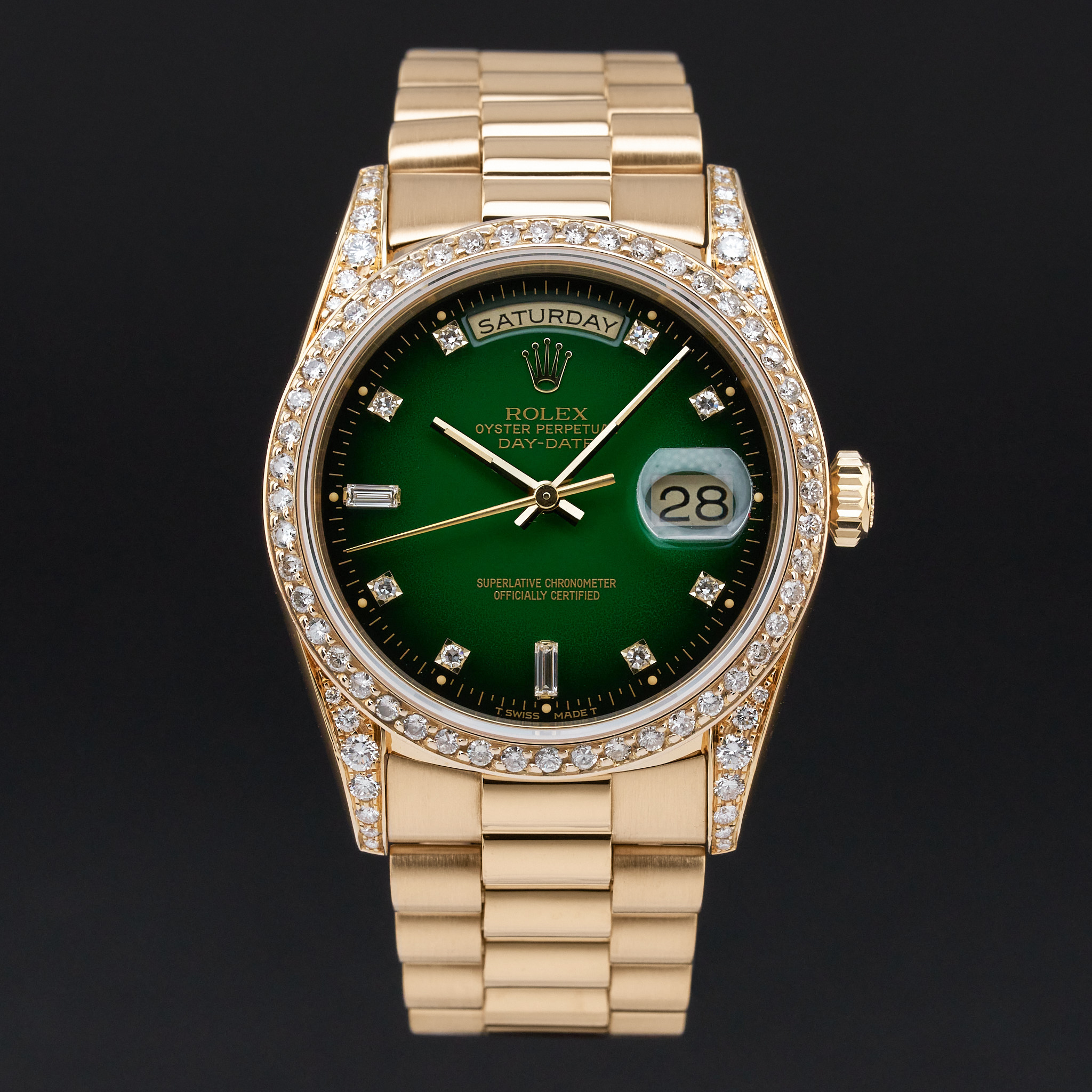 Rolex Day Date, 18338, 36mm, 1991, Yellow gold, Green Vignette Small Diamond dial, Fullset, 1y warranty