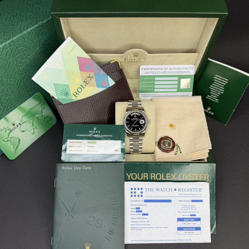 Rolex Day Date President, 118239, 36mm, 2002, White gold, Black dial, Fullset, 1y warranty