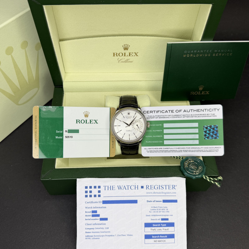 Rolex Cellini Date, 50519, 39mm, 2016, White gold, Silver Guilloche dial, Fullset, 1y warranty