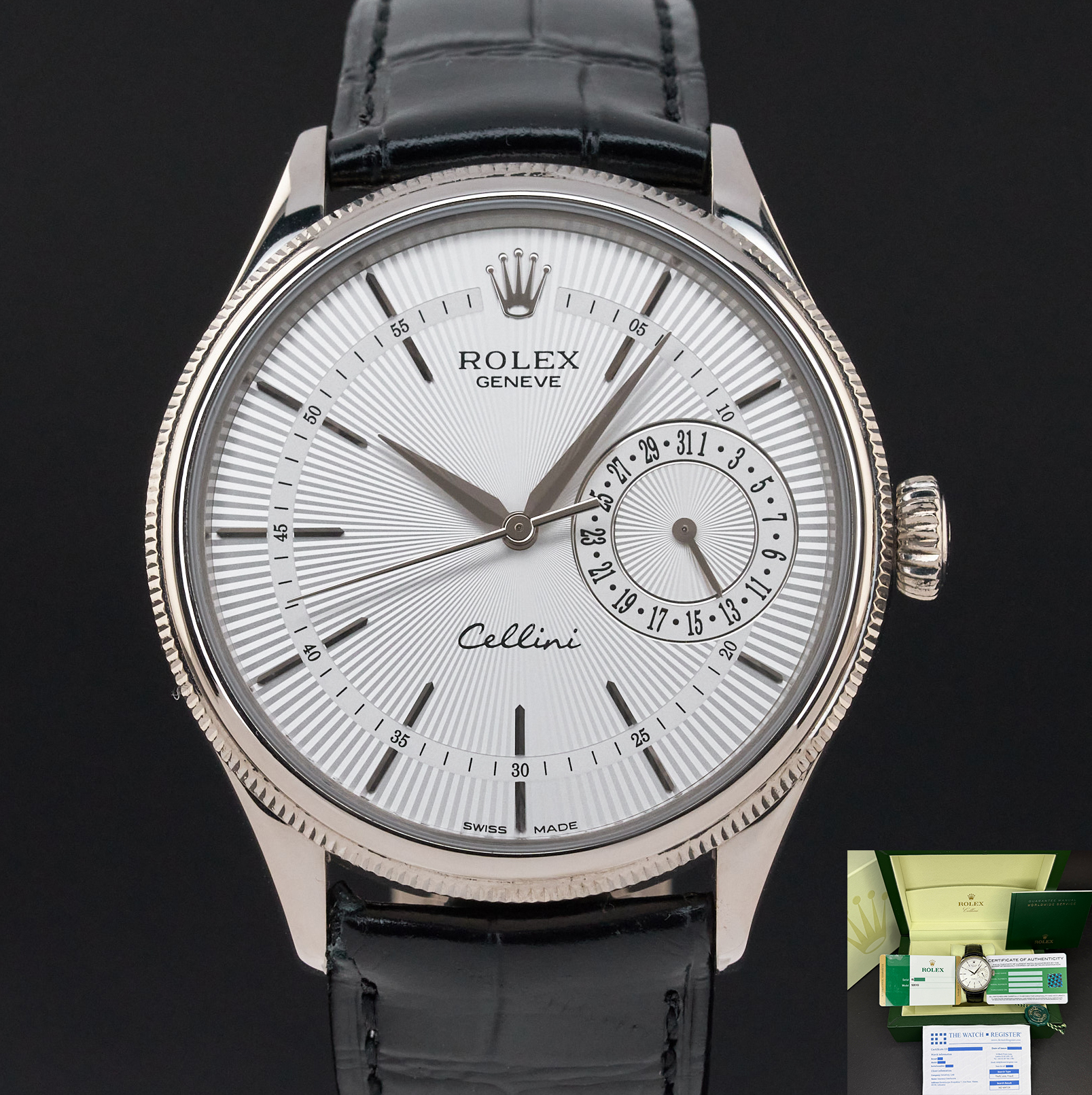 Rolex Cellini Date, 50519, 39mm, 2016, White gold, Silver Guilloche dial, Fullset, 1y warranty