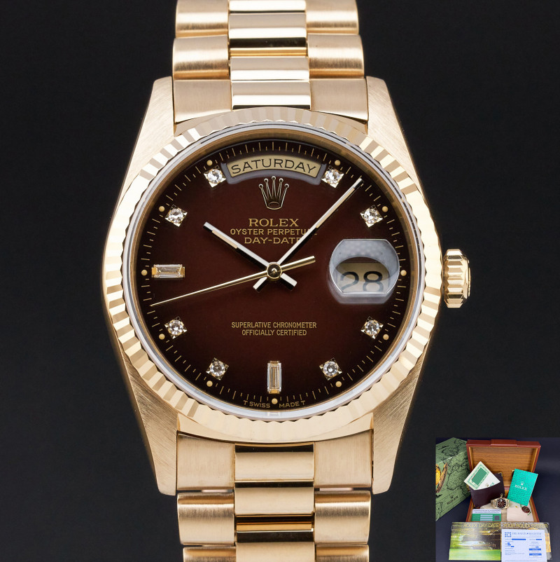 Rolex Day Date President, 18238, 36mm, 1991, Yellow gold, Brown Vignette Small Diamond dial, Fullset, 1y warrant