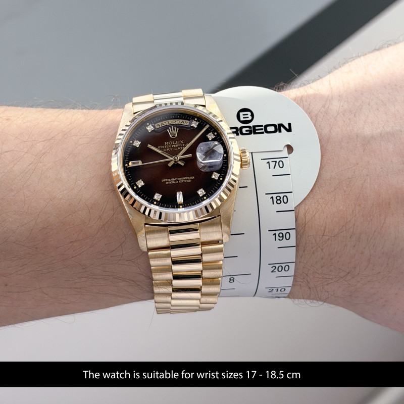 Rolex Day Date President, 18238, 36mm, 1991, Yellow gold, Brown Vignette Small Diamond dial, Fullset, 1y warrant