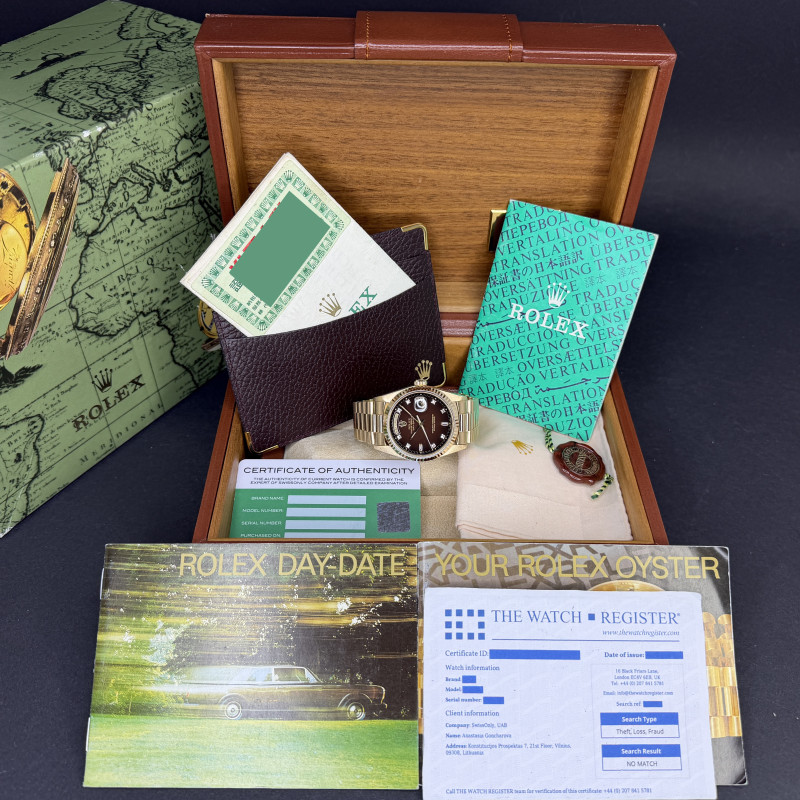 Rolex Day Date President, 18238, 36mm, 1991, Yellow gold, Brown Vignette Small Diamond dial, Fullset, 1y warrant