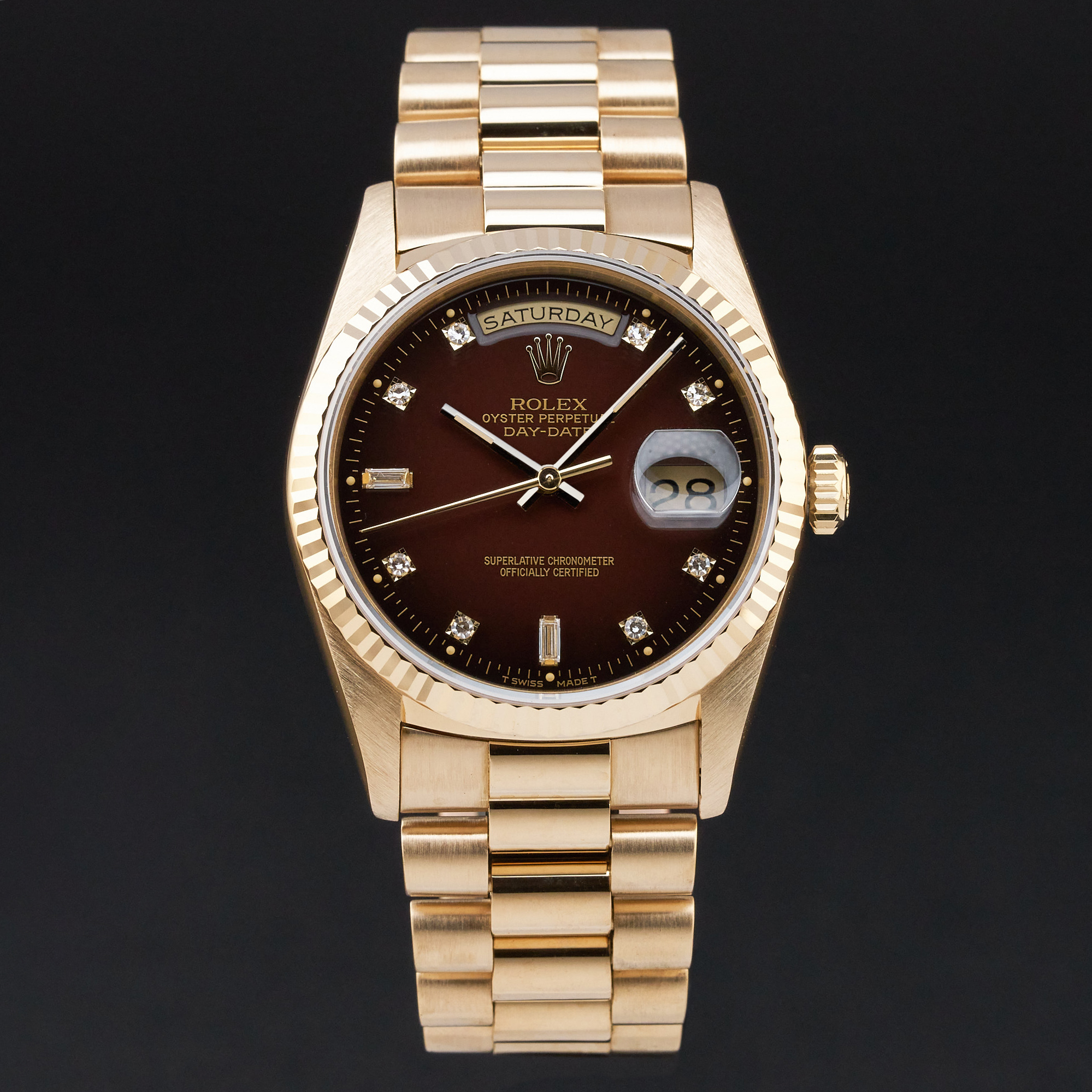 Rolex Day Date President, 18238, 36mm, 1991, Yellow gold, Brown Vignette Small Diamond dial, Fullset, 1y warrant