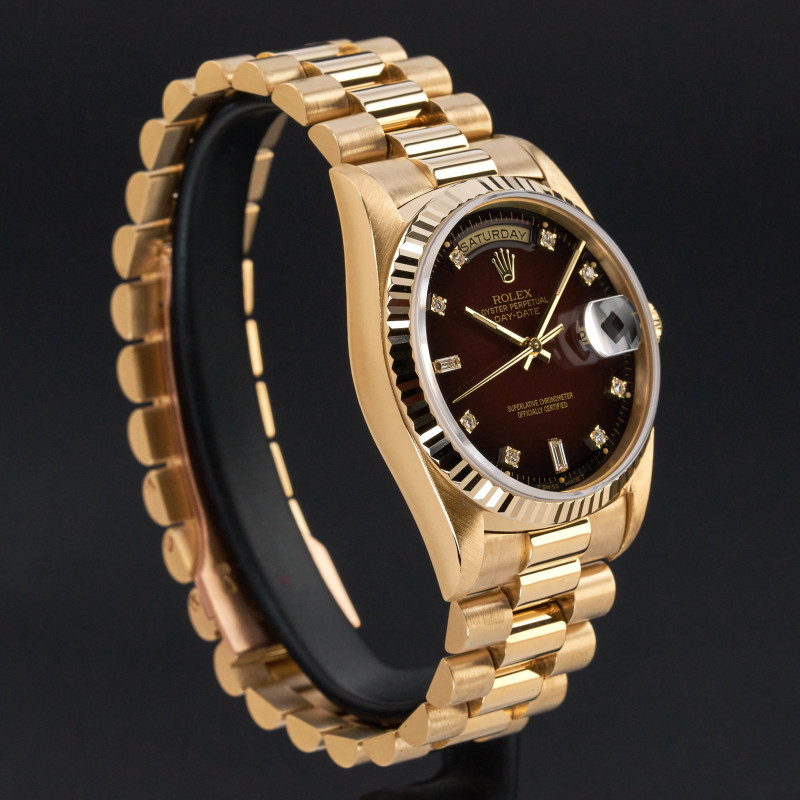 Rolex Day Date President, 18238, 36mm, 1991, Yellow gold, Brown Vignette Small Diamond dial, Fullset, 1y warrant