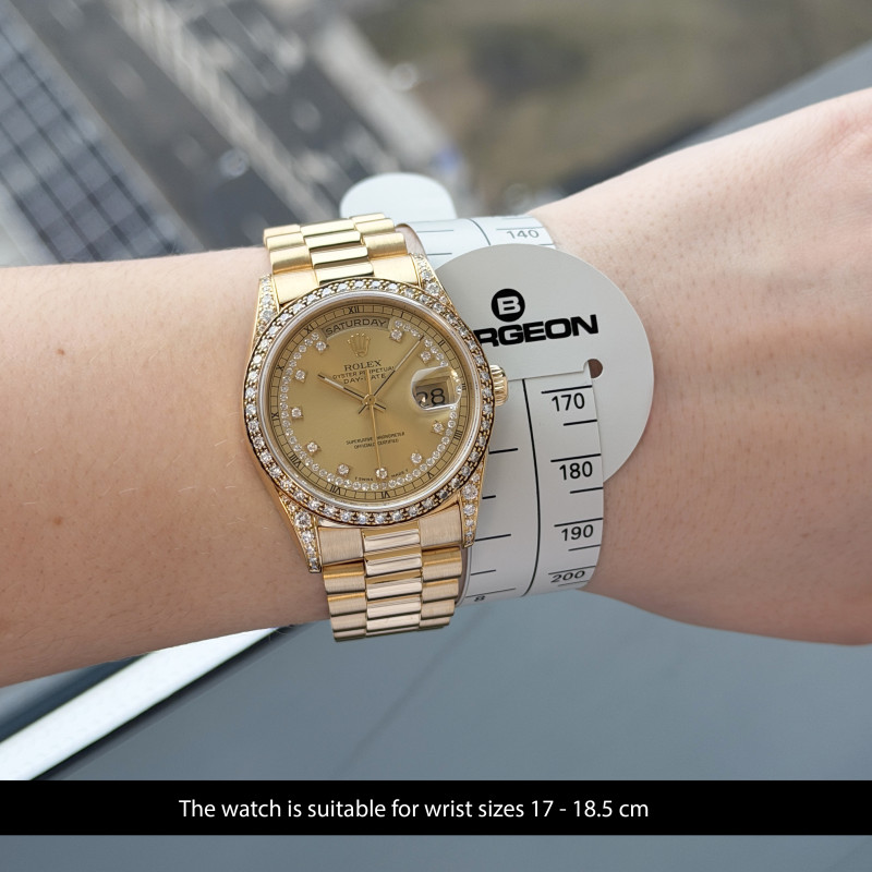 Rolex Day Date President, 18388, 36mm, 1991, Yellow gold, Champagne String Diamond dial, Fullset, 1y warranty