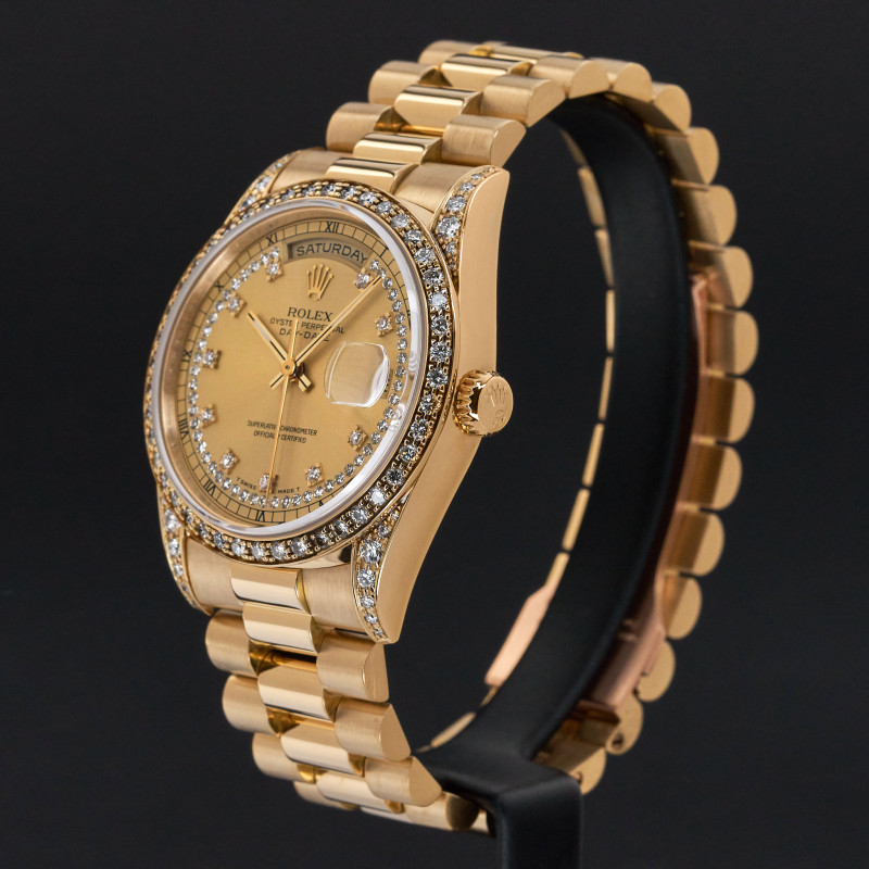 Rolex Day Date President, 18388, 36mm, 1991, Yellow gold, Champagne String Diamond dial, Fullset, 1y warranty