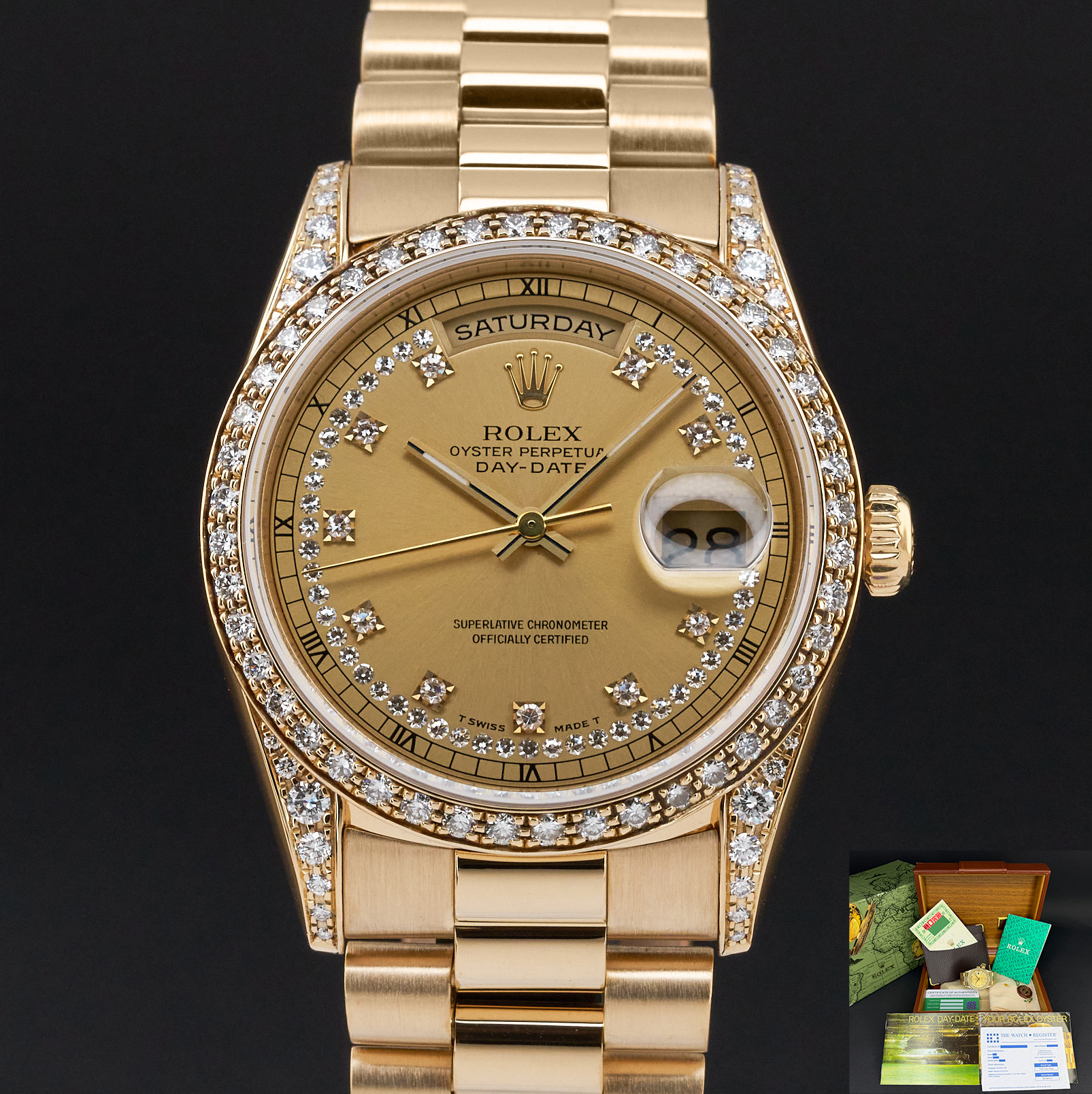 Rolex Day Date President, 18388, 36mm, 1991, Yellow gold, Champagne String Diamond dial, Fullset, 1y warranty