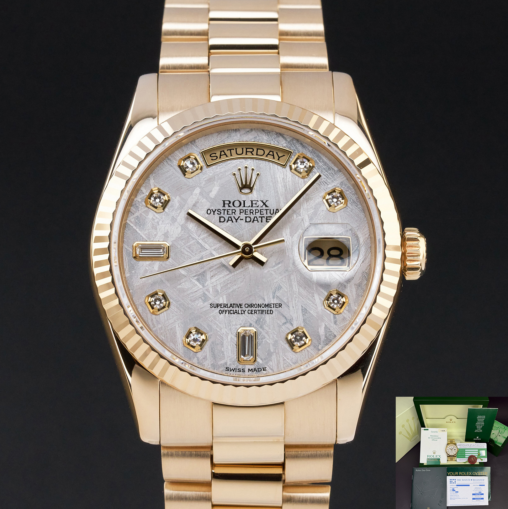 Rolex Day Date President, 118238, 36mm, 2004, Yellow gold, Meteorite Diamond dial, Fullset, 1y warranty