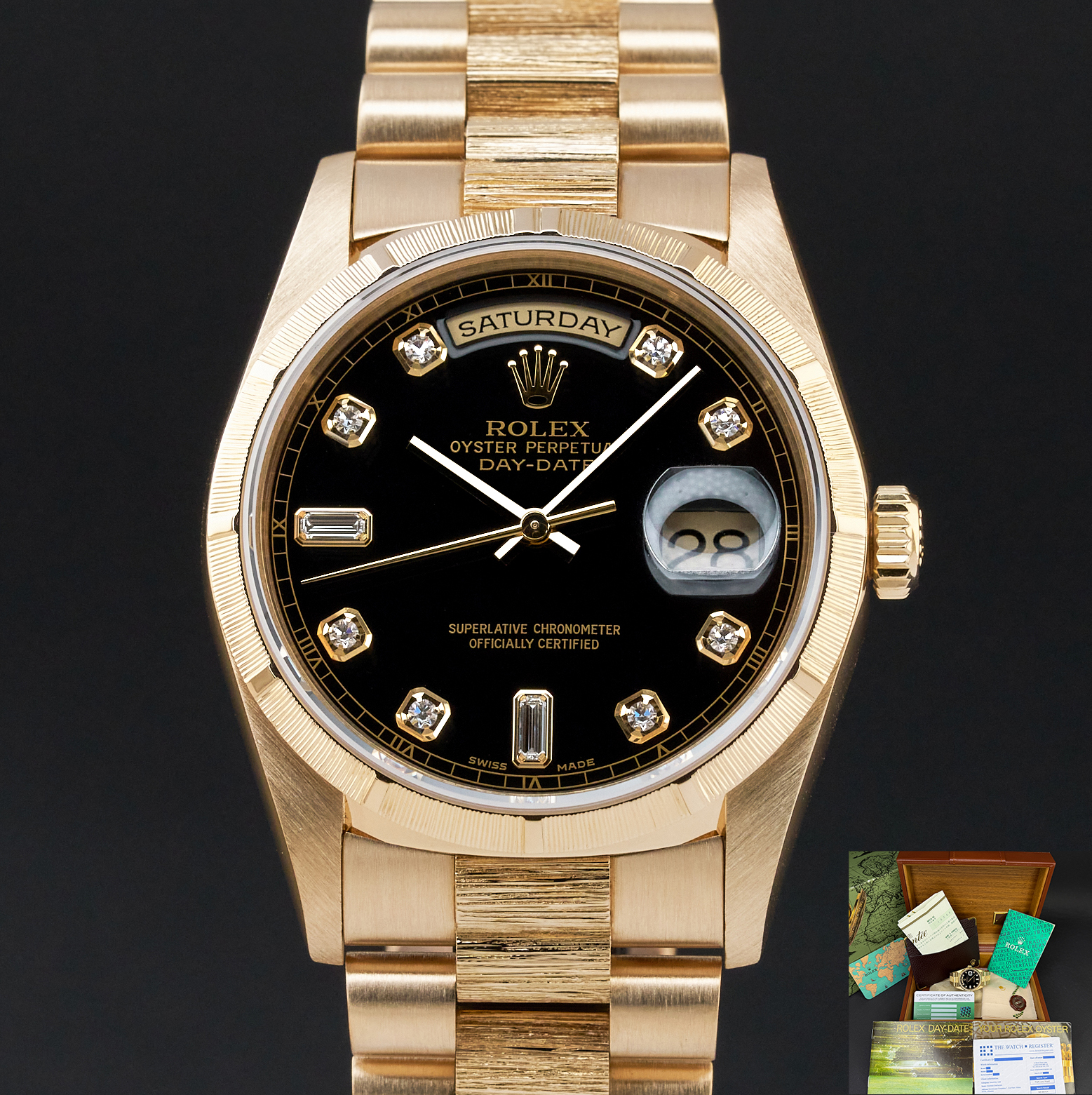 Rolex Day Date President, 18248, 36mm, 1999, Yellow gold, Black Big Diamond dial, Fullset, 1y warranty
