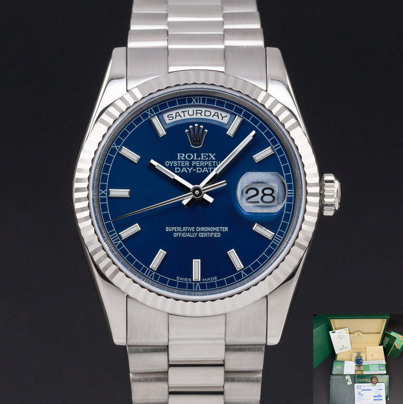 Rolex Day Date President, 118239, 36mm, 2002, White gold, Blue dial, Fullset, 1y warranty
