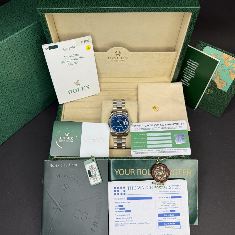 Rolex Day Date President, 118239, 36mm, 2002, White gold, Blue dial, Fullset, 1y warranty