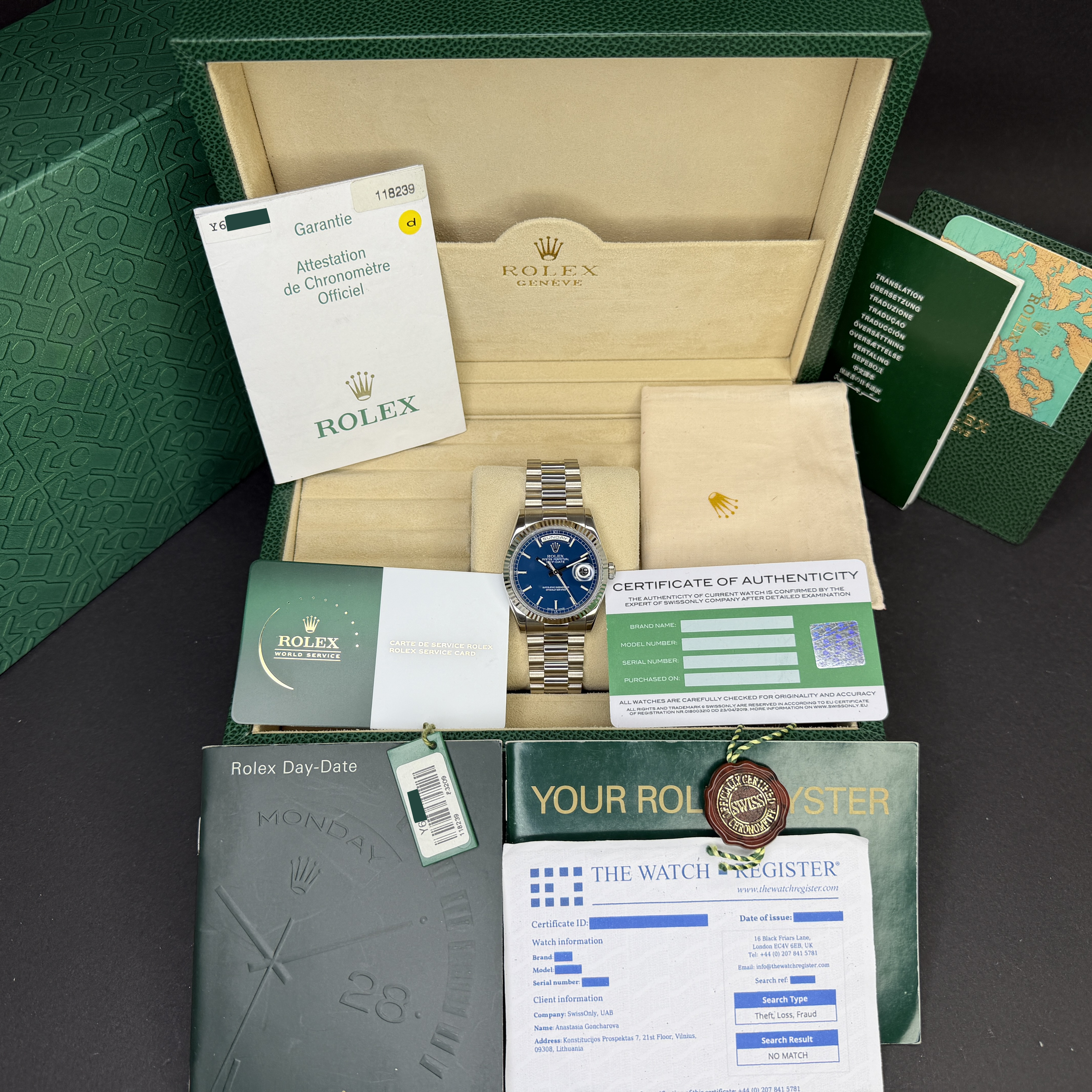 Rolex Day Date President, 118239, 36mm, 2002, White gold, Blue dial, Fullset, 1y warranty