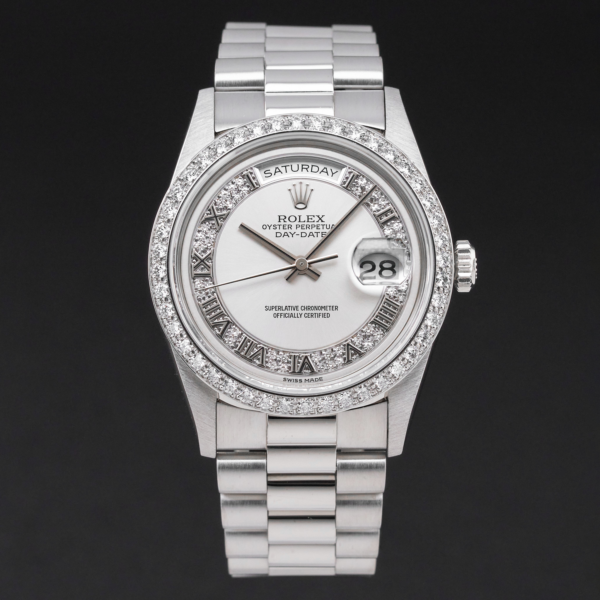 Rolex Day Date President, 18346, 36mm, 1993, Platinum, Silver Myriad Diamond Roman dial, Fullset, 1y warranty