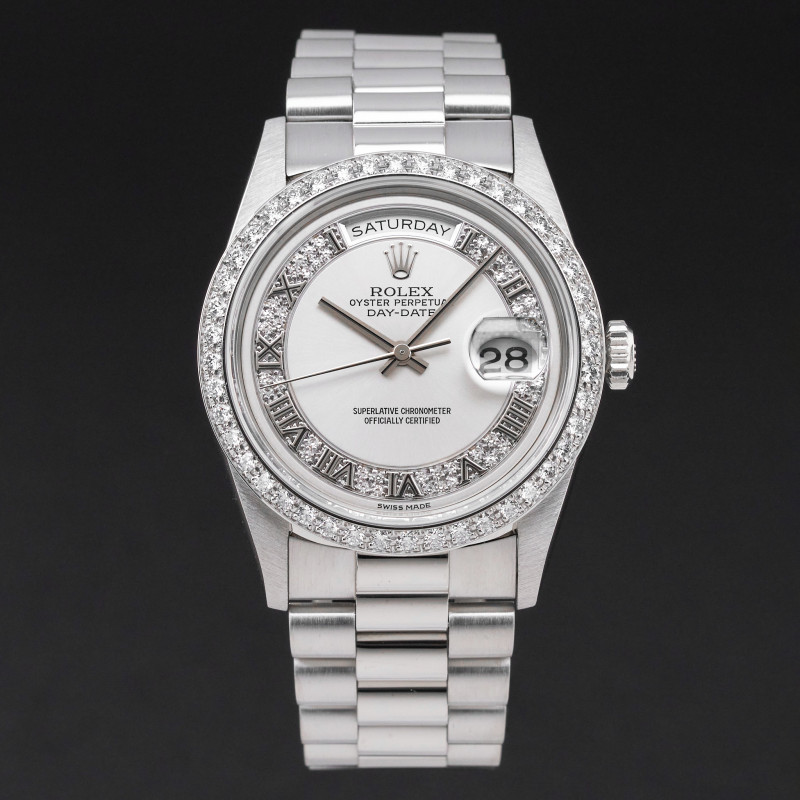 Rolex Day Date President, 18346, 36mm, 1993, Platinum, Silver Myriad Diamond Roman dial, Fullset, 1y warranty