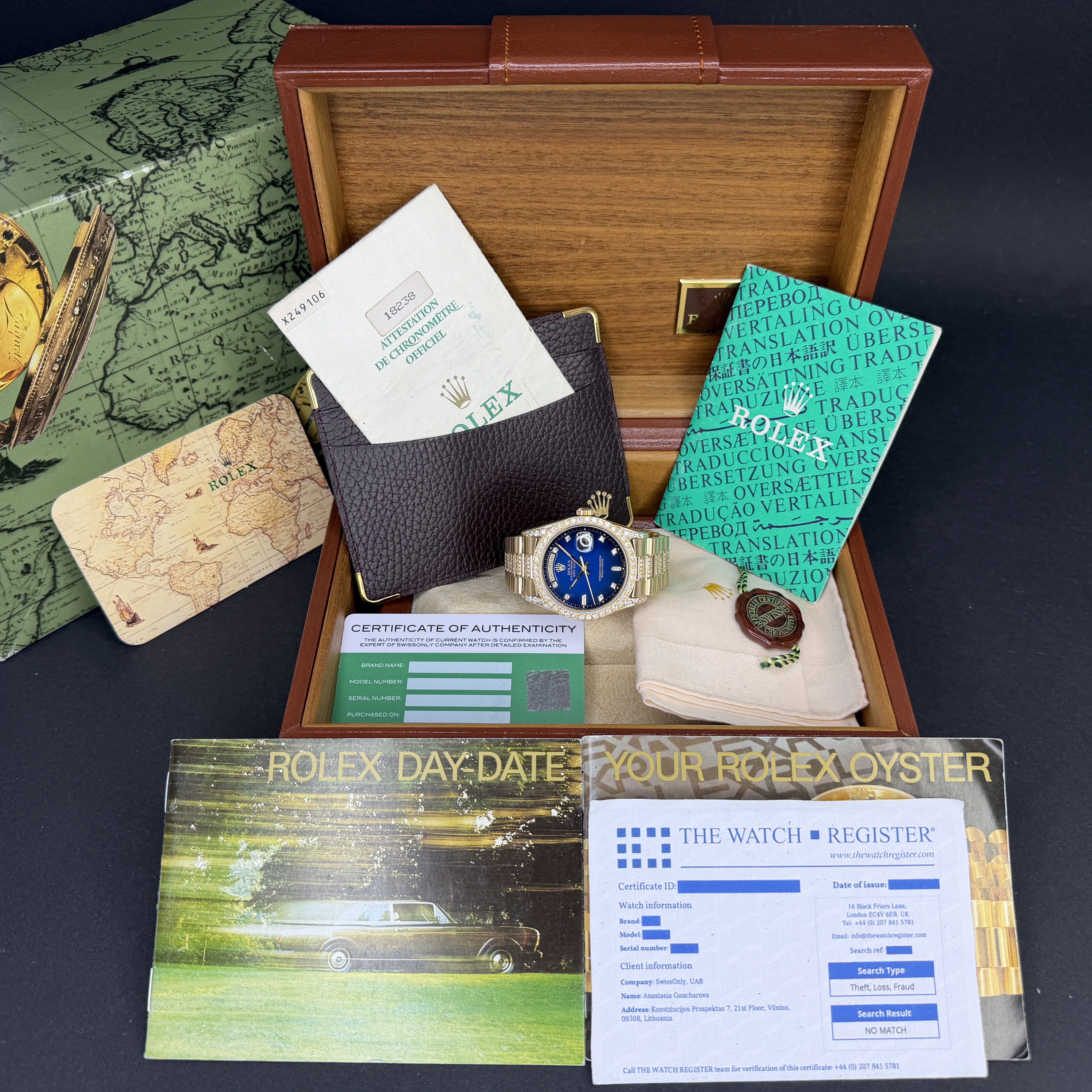 Rolex Day Date President, 18238, 36mm, 1991, Yellow gold, Blue Vignette Small Diamond dial, Fullset, 1y warranty