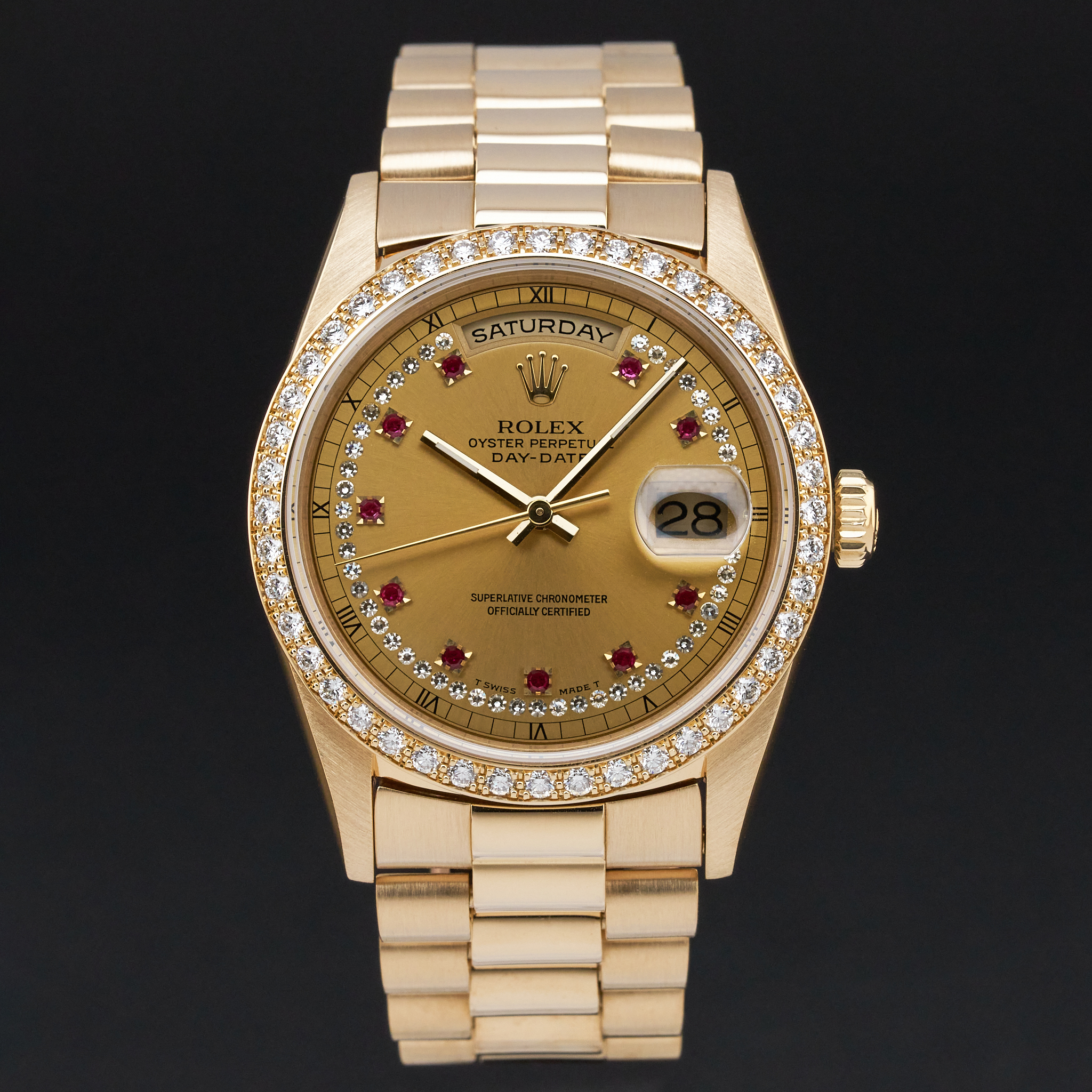 Rolex Day Date President, 18348, 36mm, 1995, Yellow gold, Champagne Ruby Diamond dial, Fullset, 1y warranty