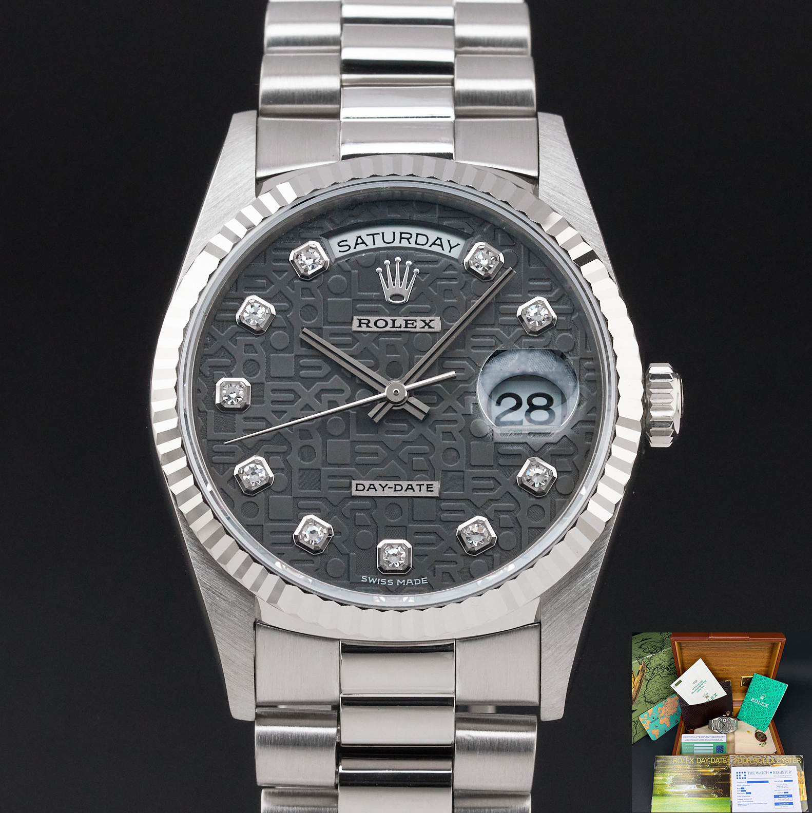 Rolex Day Date President, 18239, 36mm, 1999, White gold, Grey Jubilee Big Diamond dial, Fullset, 1y warranty
