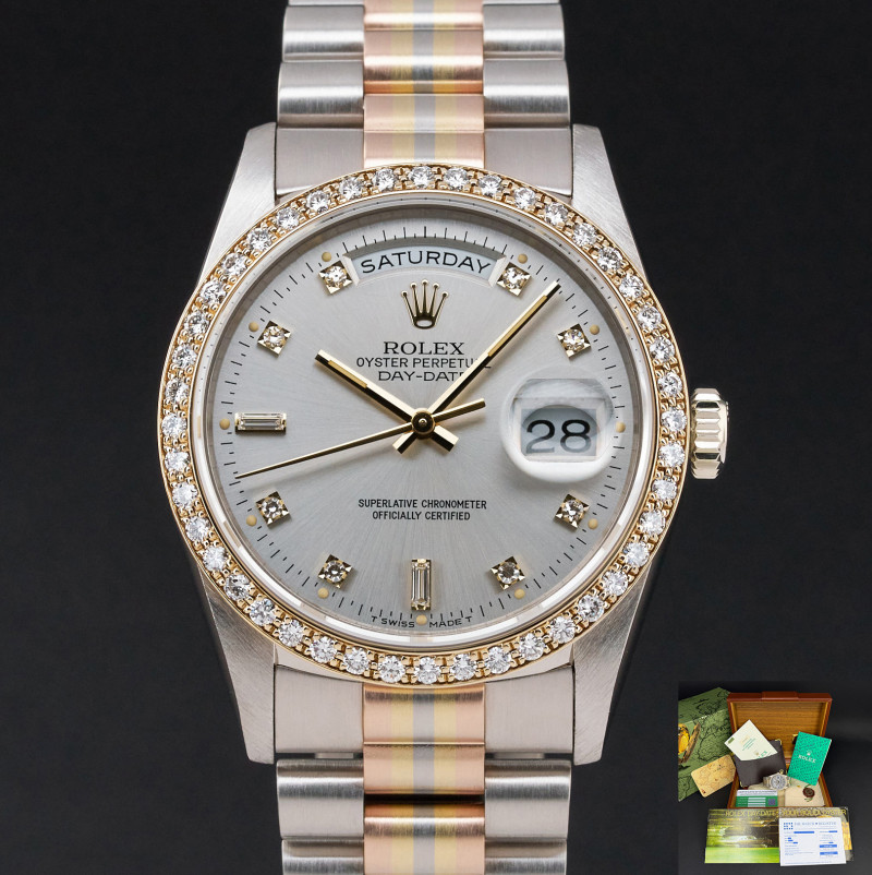Rolex Day Date President, Rare TRIDOR, 18349, 36mm, 1989, Silver Diamond dial, Fullset, 1y warranty
