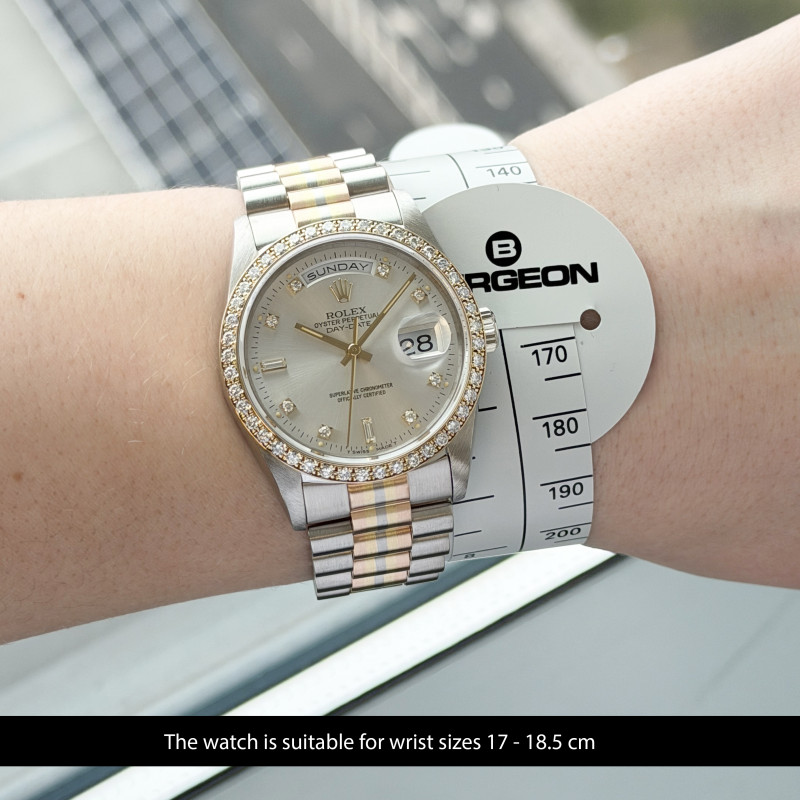 Rolex Day Date President, Rare TRIDOR, 18349, 36mm, 1989, Silver Diamond dial, Fullset, 1y warranty