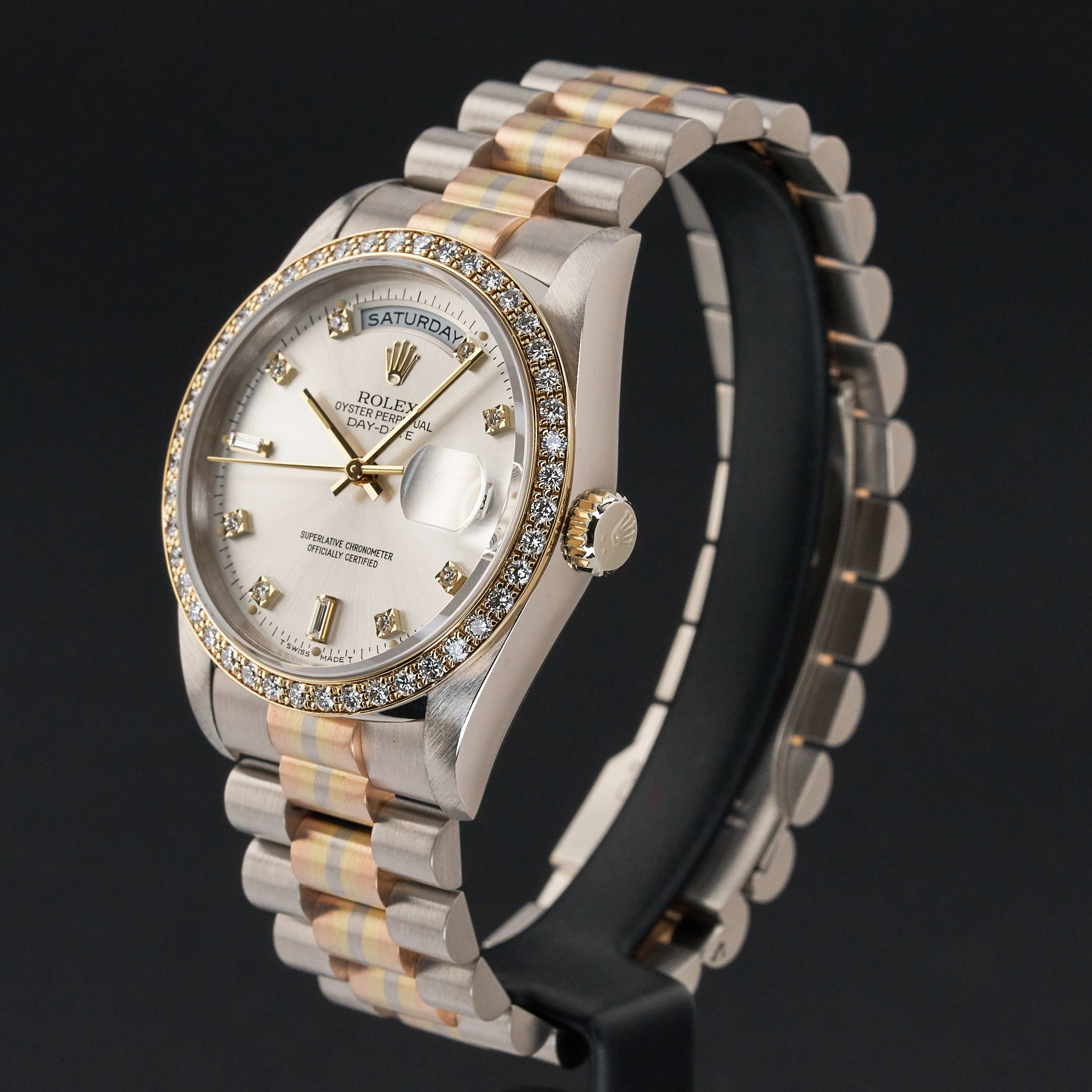 Rolex Day Date President, Rare TRIDOR, 18349, 36mm, 1989, Silver Diamond dial, Fullset, 1y warranty