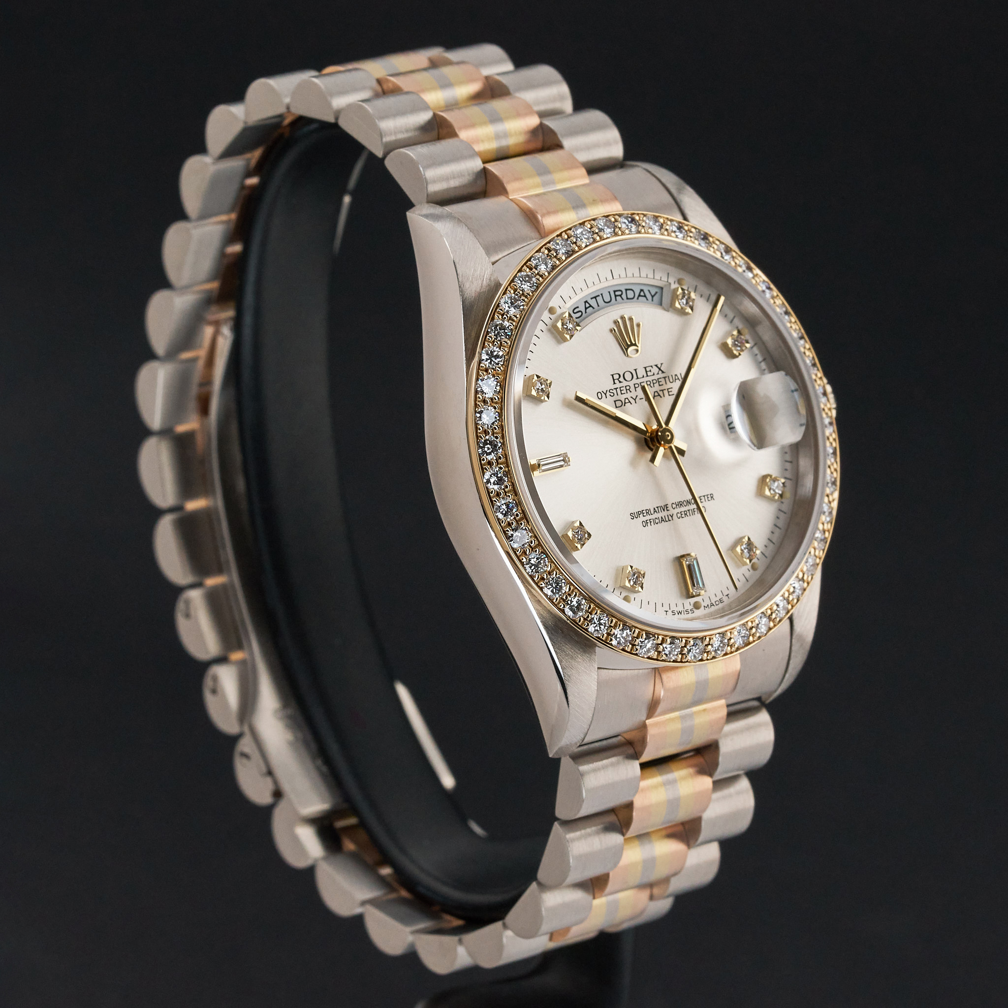 Rolex Day Date President, Rare TRIDOR, 18349, 36mm, 1989, Silver Diamond dial, Fullset, 1y warranty